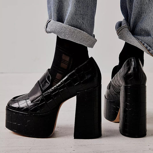 Stylish Square Toe Embossed Detail Platform Loafers in Black