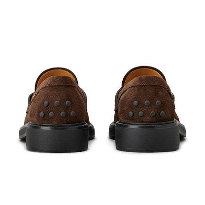 Brown Vegan Suede Round Toe Stud Embellished Flat Penny Loafers