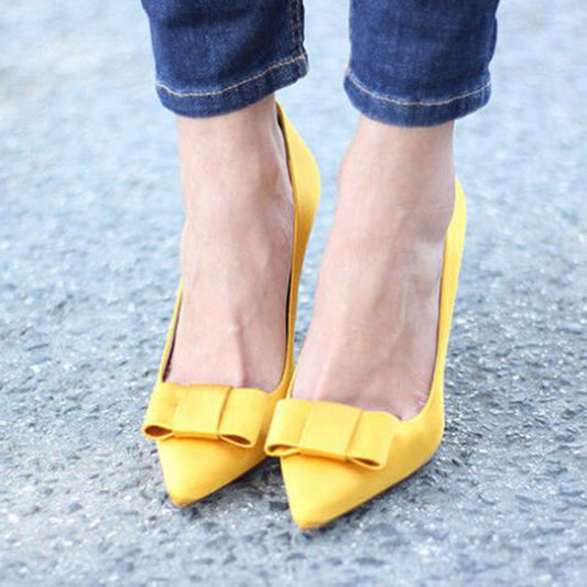 Yellow Vegan Suede Pointed Toe Bow Stiletto Heel Pumps Shoes