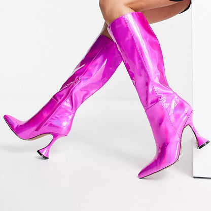 Fuchsia Holographic Pointed Toe 3'' Flared Heel Knee High Boots