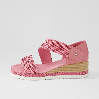 Pink Square Toe Woven Strappy Wedge Espadrille Sandals