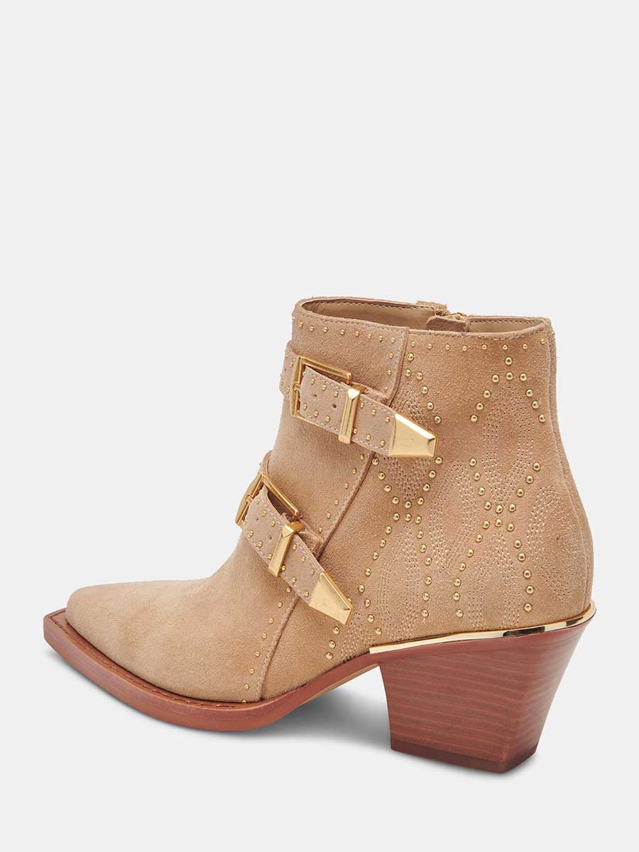 Brown Faux Suede Snip Toe Side-Zip Cowgirl Ankle Boots With Chunky Heels