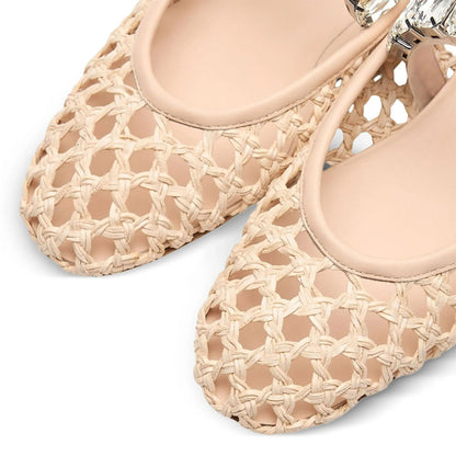 Beige Woven Round Toe Cutout Crystal Strap Flat Shoes Women