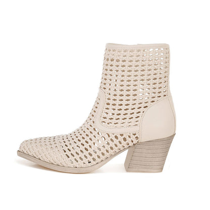 Beige Woven Pointed Toe Block Heel Zipper Ankle Boots for Women