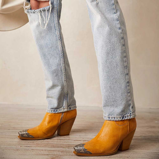 Yellow Square Toe Chunky Heel Metallic Accent Ankle Boots with Zipper