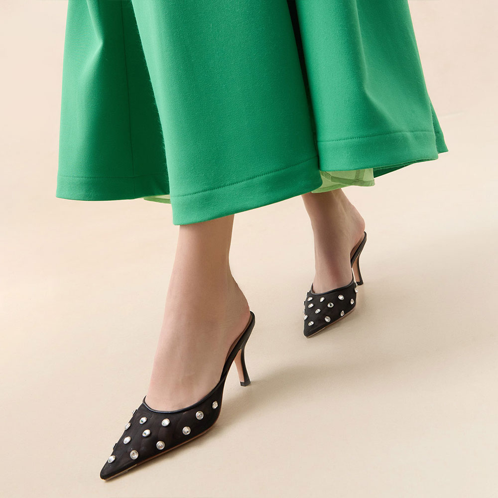 Women's Black Pointed Toe Rhinestone Embellished Mesh Mule Heels