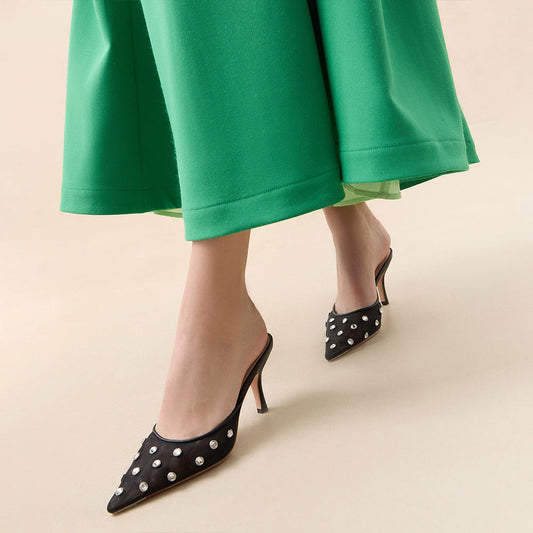 Women's Black Pointed Toe Rhinestone Embellished Mesh Mule Heels