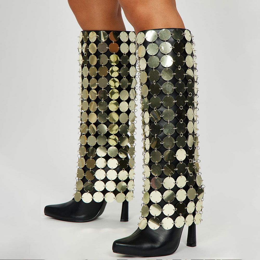 Black Pointed Toe Flared Heel Trendy Knee High Boots with Gold Sequins