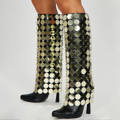 Black Pointed Toe Flared Heel Trendy Knee High Boots with Gold Sequins