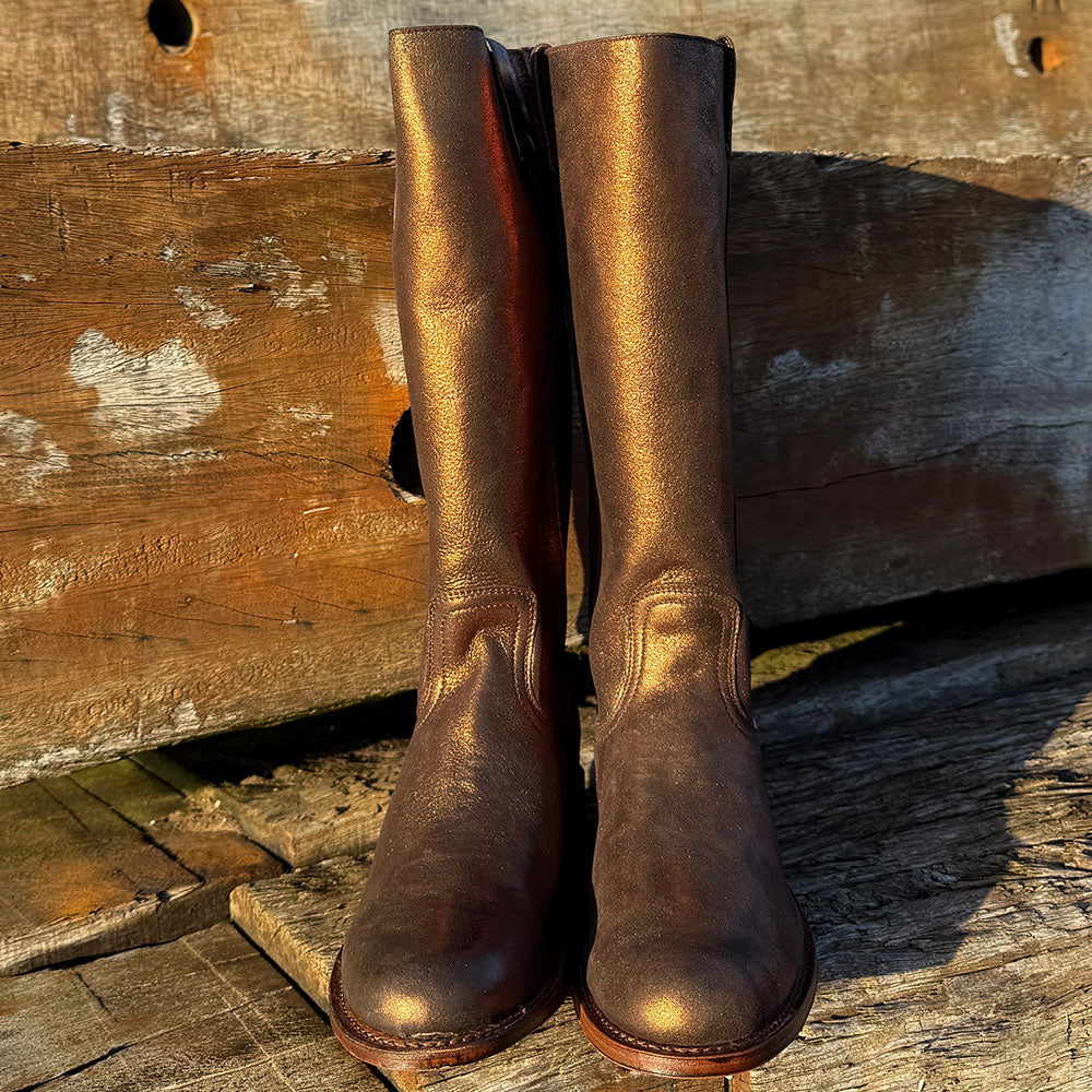 Gold Distressed Metallic Round Toe Chunky Heel Knee High Boots
