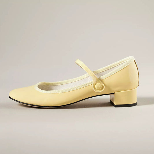 Yellow Patent Leather Round Toe Block Heel Mary Jane Pumps