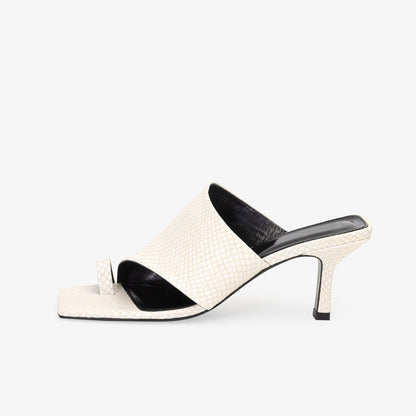 Beige Bone Snake Print Toe Ring Mules Sandals with Kitten Heel