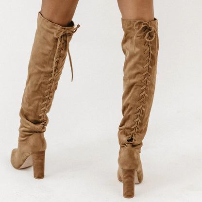 Brown Faux Suede Pointed Toe 4'' Chunky Heel Lace Up Knee High Boots