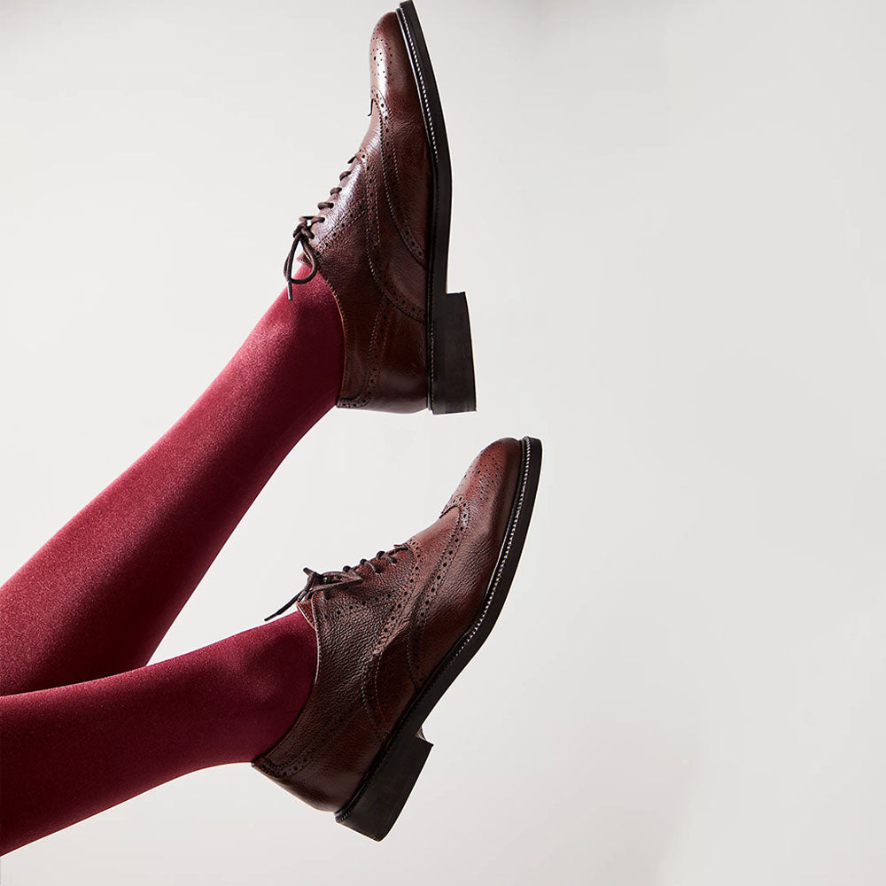 Maroon Vegan Leather Round Toe Cut-Out Lace Up Oxford Flats