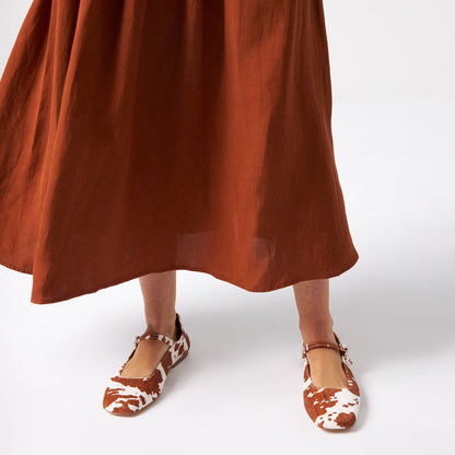 Brown & White Vegan Leather Square Toe Buckled Strappy Ballet Flats