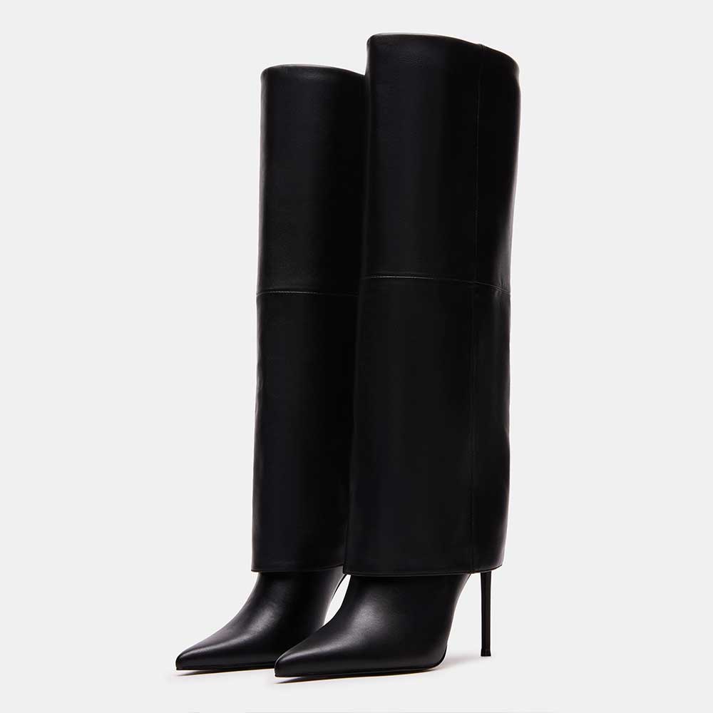 Vegan Leather Pointed Stiletto Heel Fold-Over Knee High Boots in Black
