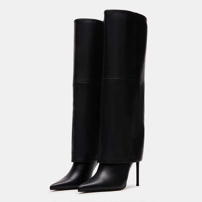 Vegan Leather Pointed Stiletto Heel Fold-Over Knee High Boots in Black