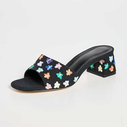 Black Canvas Multicolor Floral Embroidered Block Heel Mules Sandals
