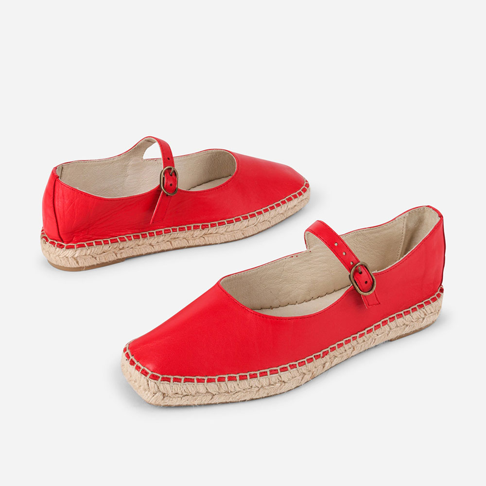 Simple Red Square Toe Buckle Strap Espadrille Mary Jane Flats