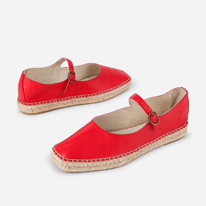 Simple Red Square Toe Buckle Strap Espadrille Mary Jane Flats