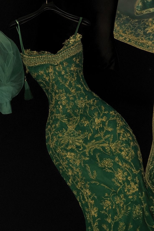 Gold Lace Green Evening Party Dress Formal Prom Party Dress Birthday Dress cg26167