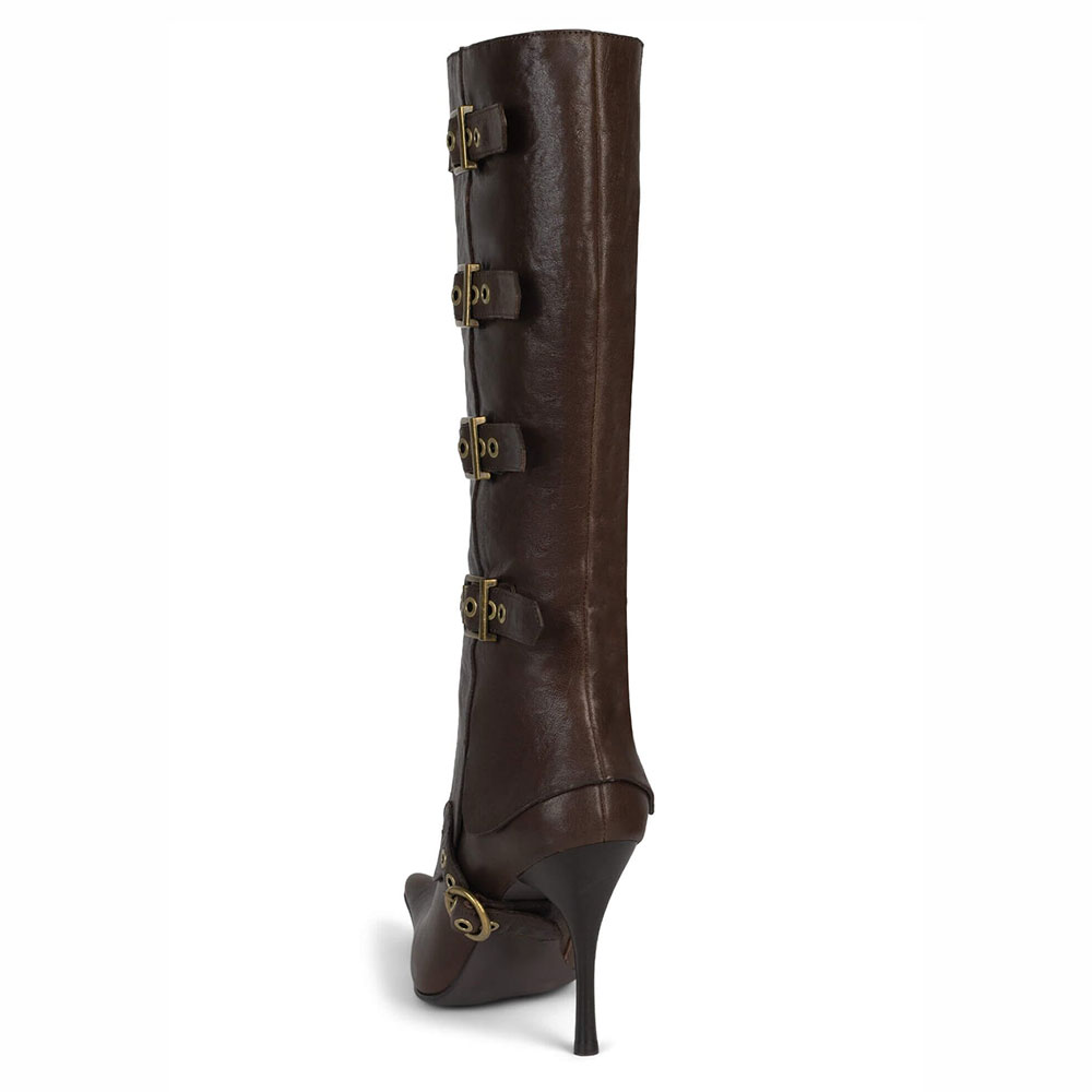 Brown Pointed Toe Buckle Strappy Knee High Boots with Stiletto Heel