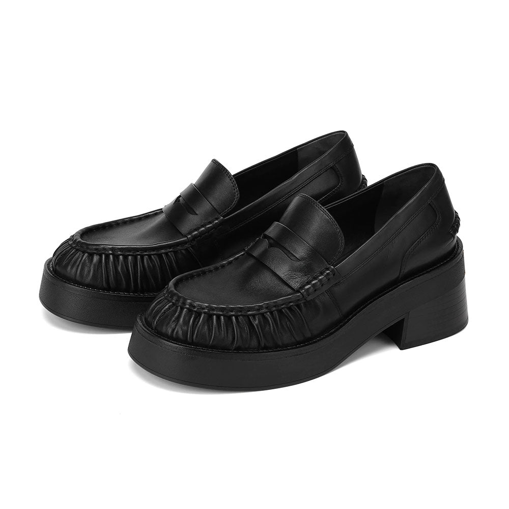 Black Round Toe Pleated Details Chunky Heel Platform Loafers