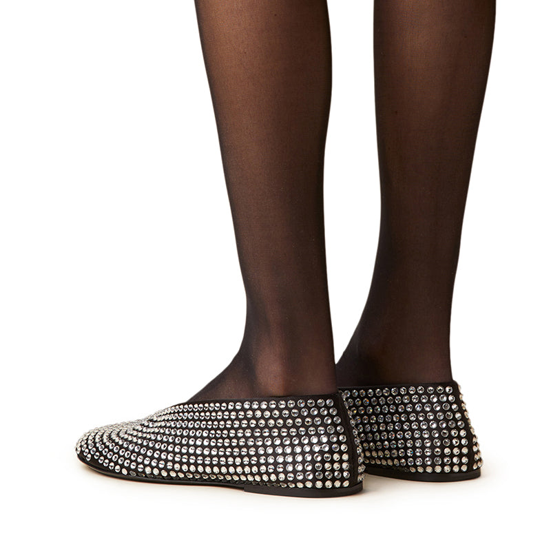 Black Round Toe Rhinestone Embellished Sparkly Flats for Women