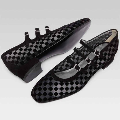 Black and Gray Plaid Square Toe Triple Buckle Strap Mary Jane Flats