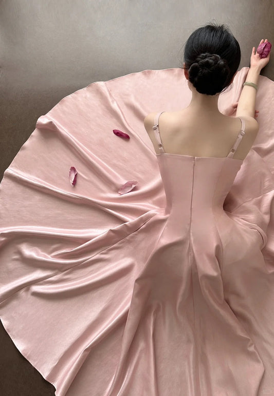 Elegant Pink A-line Square Neck Strap Satin Long Prom Dress Evening Dress P4025