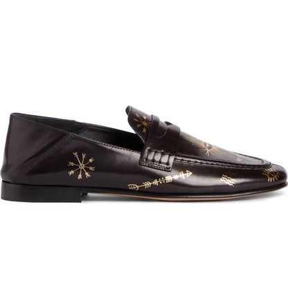 Black Square Toe Gold Printed Flats Penny Loafers Women