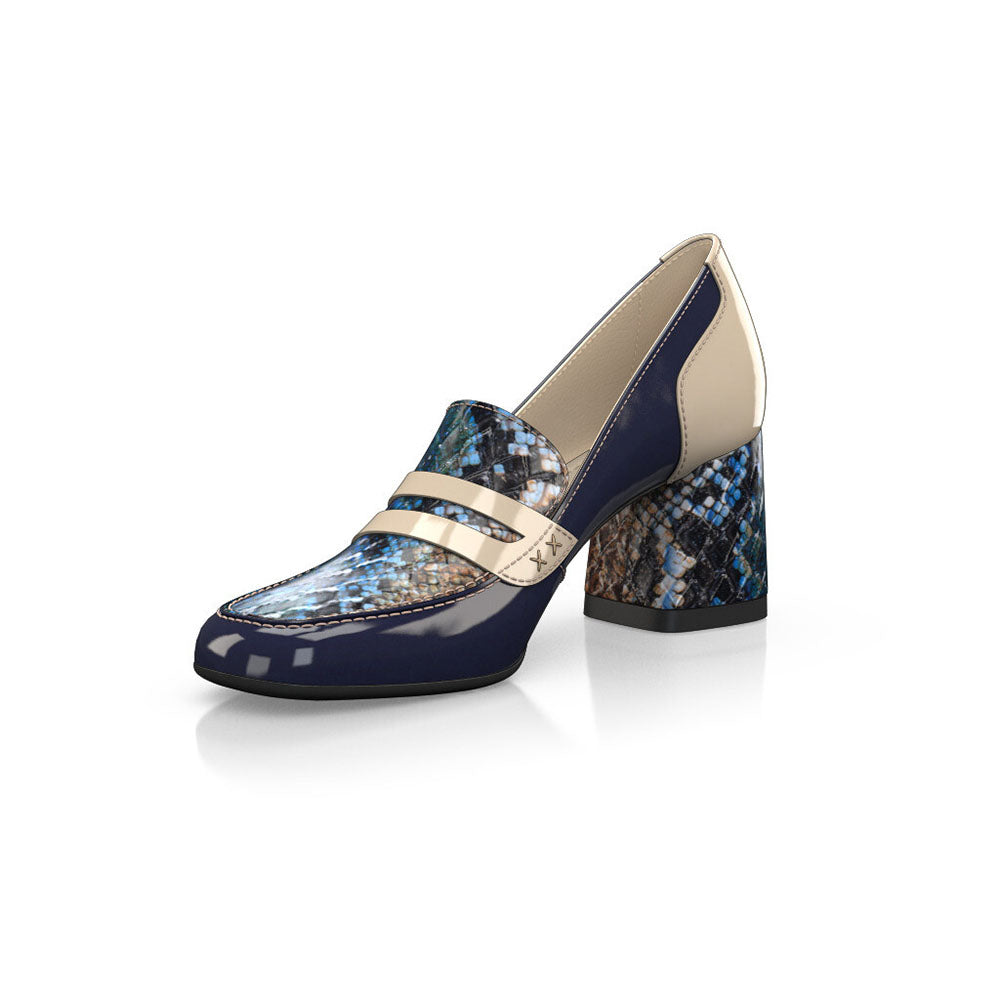 Navy & Beige Patent Leather Snakeskin Print Block Heeled Loafers