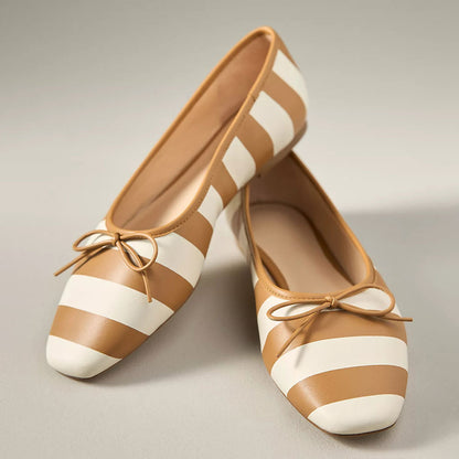 Women's White & Tan Stripe Square Toe Bow Slip-On Flats