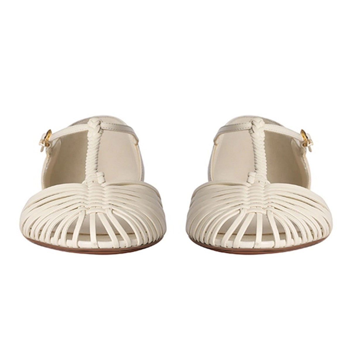 Ivory Woven T-Strap Cut-Out Round Toe Buckle Flat Shoes Women