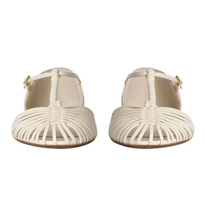 Ivory Woven T-Strap Cut-Out Round Toe Buckle Flat Shoes Women
