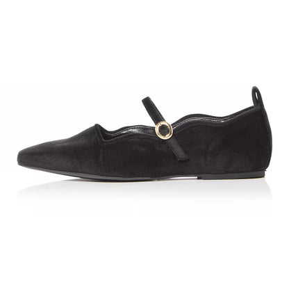 Black Velvet Square Toe Buckled Fashion Mary Jane Flats for Women
