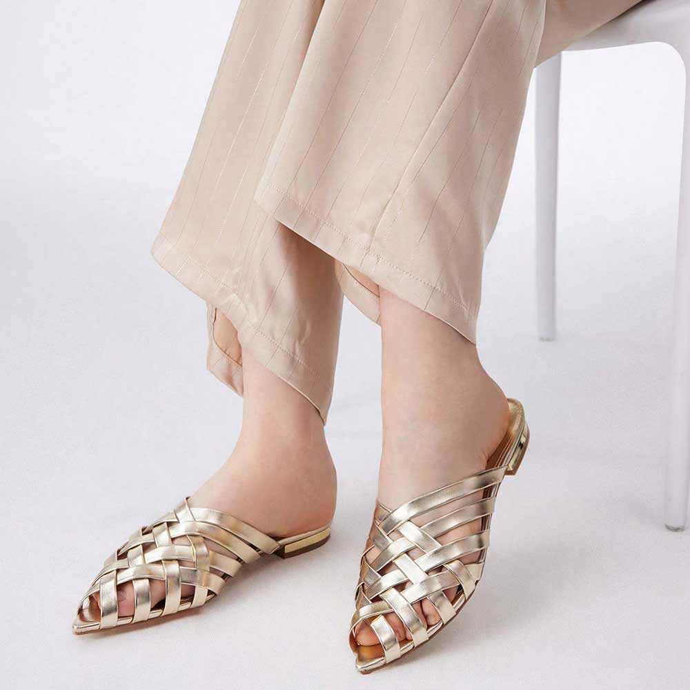 Metallic Finish Woven Pointed Toe Flat Gold Mules for Women