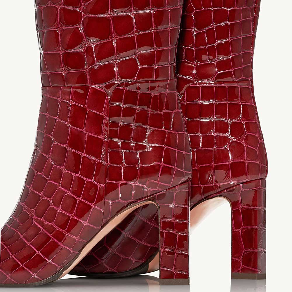 Brown Patent Leather Round Toe Chunky Heel Wide Calf Knee High Boots