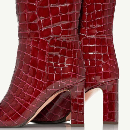 Brown Patent Leather Round Toe Chunky Heel Wide Calf Knee High Boots