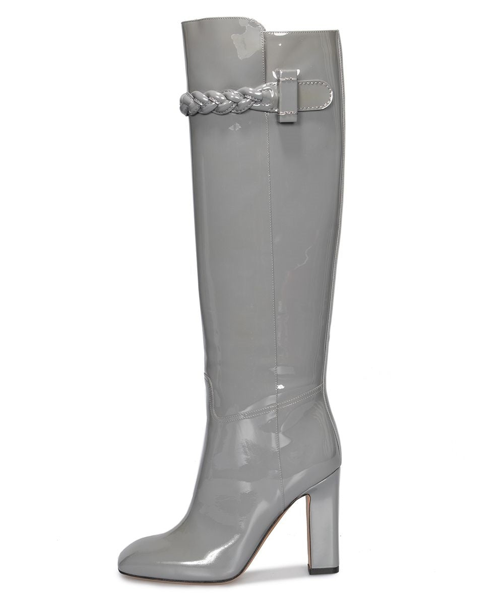 Grey Patent Leather Square Toe Knee High Boots with Block Heels