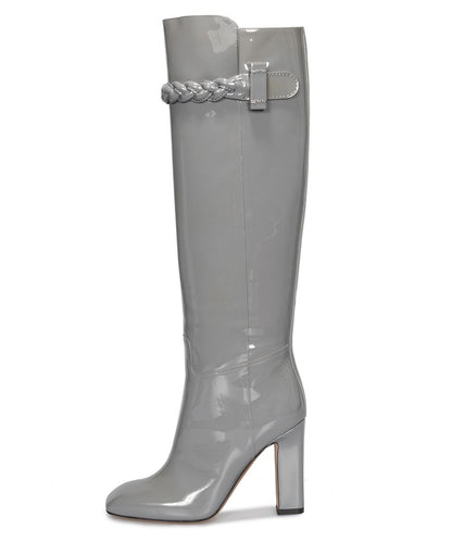 Grey Patent Leather Square Toe Knee High Boots with Block Heels