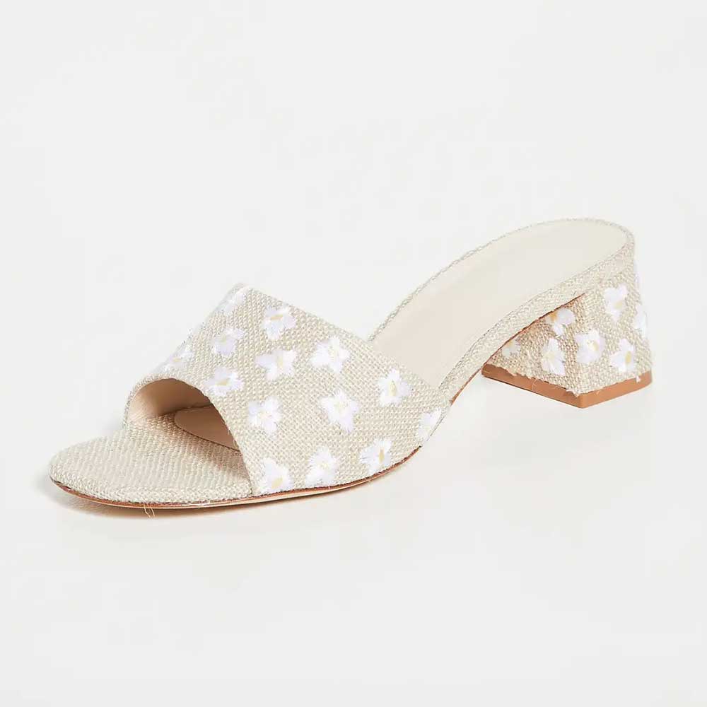 Beige Burlap Open Toe Daisy Embroidered Block Heel Mules Shoes