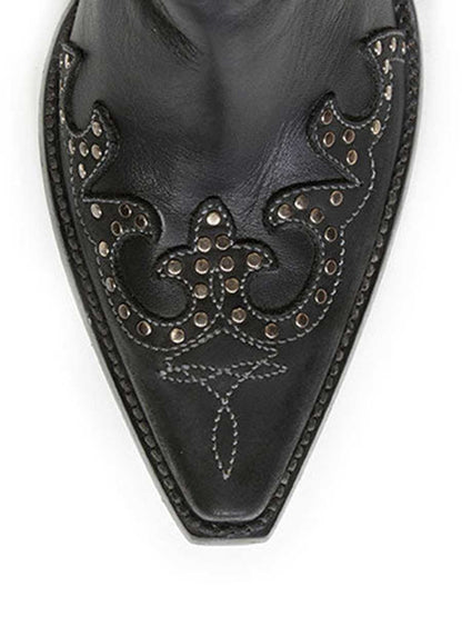 Black Vegan Leather Snip Toe Floral Printed Studded Block Heeled Cowgirl Ankle Boots