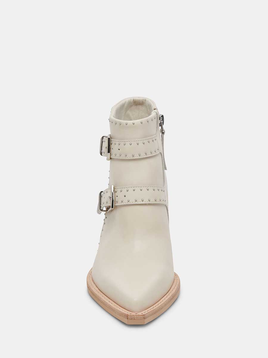 Ivory Vegan Leather Snip Toe Side-Zip Cowgirl Ankle Boots With Chunky Heels