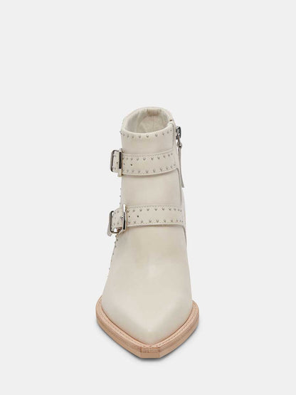 Ivory Vegan Leather Snip Toe Side-Zip Cowgirl Ankle Boots With Chunky Heels