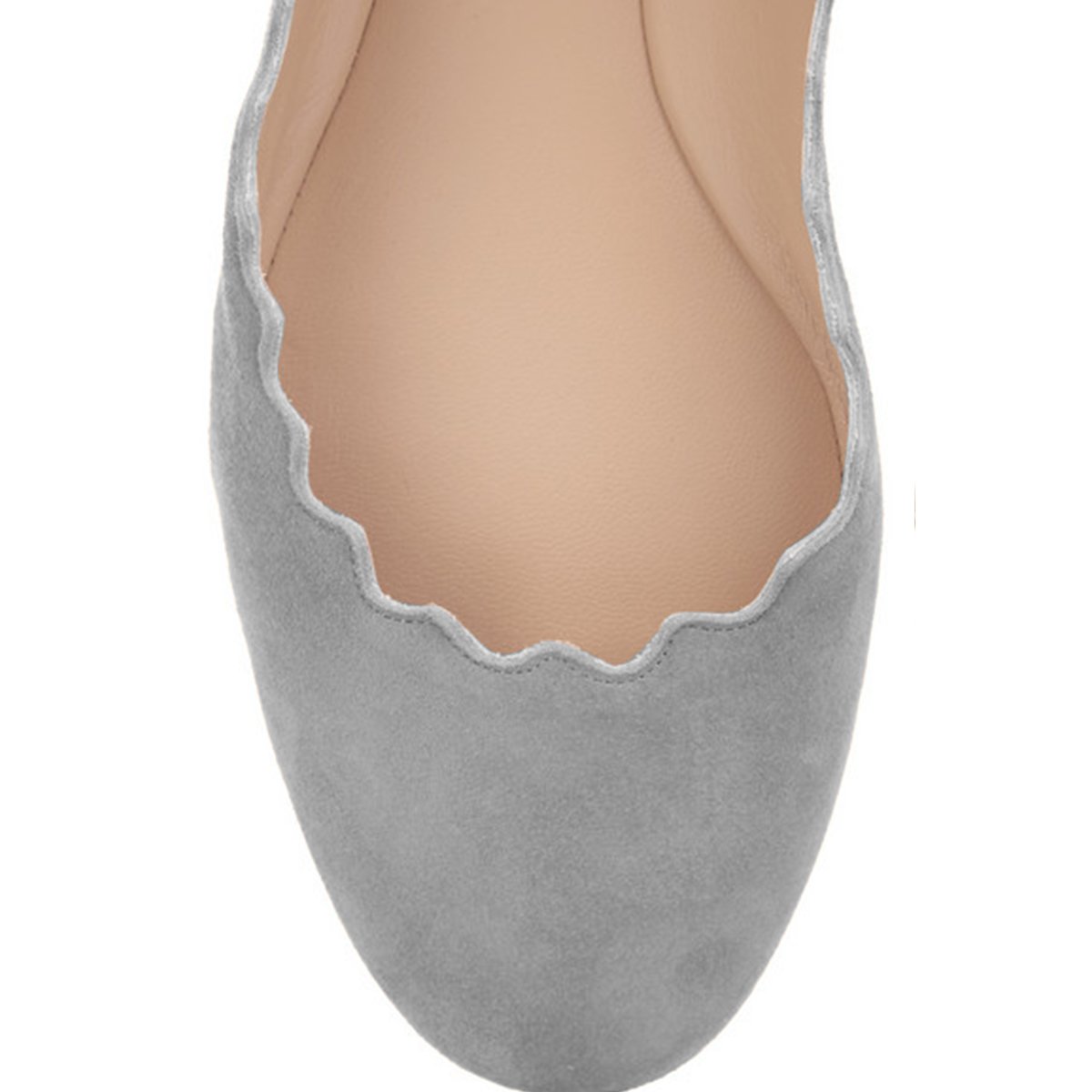 Grey Vegan Suede Round Toe Scalloped Flats for Women