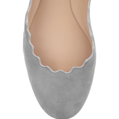 Grey Vegan Suede Round Toe Scalloped Flats for Women