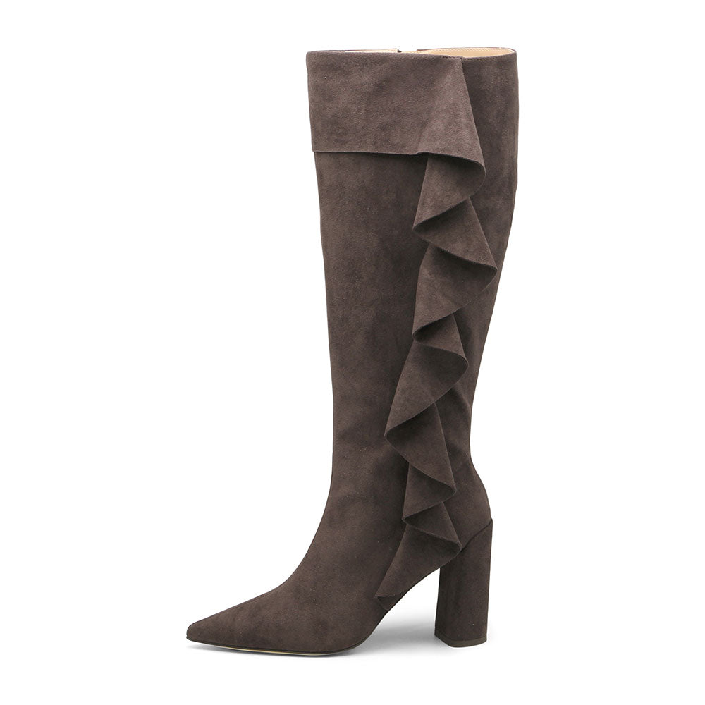 Dark Brown Vegan Suede Pointed Toe Ruffles Chunky Heel Knee High Boots