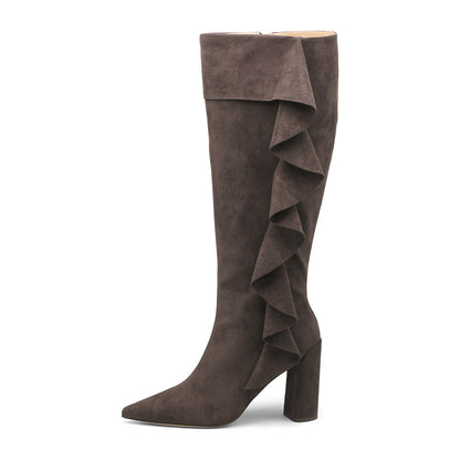 Dark Brown Vegan Suede Pointed Toe Ruffles Chunky Heel Knee High Boots
