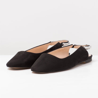 Black Slingback Shoes Round Toe Comfortable Flats with Rhinestone